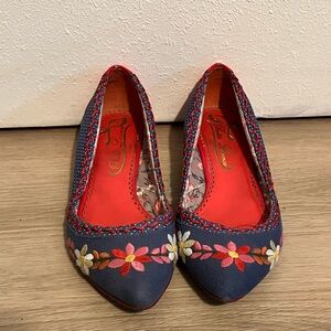 Floral Embroidered Blue Flats